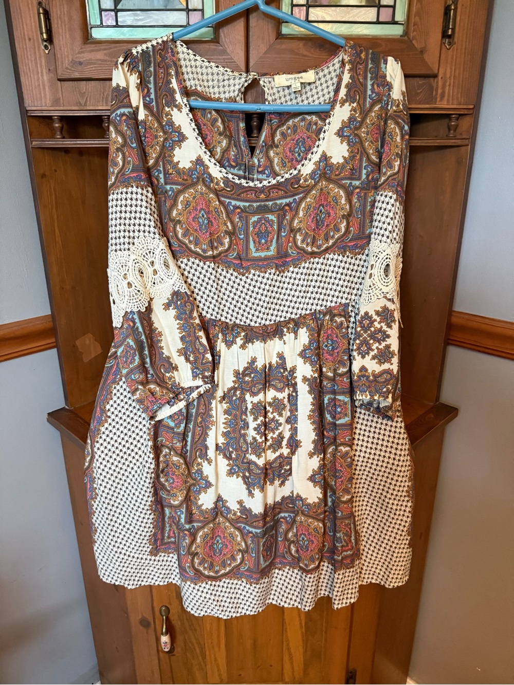 Umgee Cream Multicolor Paisley Crochet-Accent Long Sleeve mini Dress/tunic L
